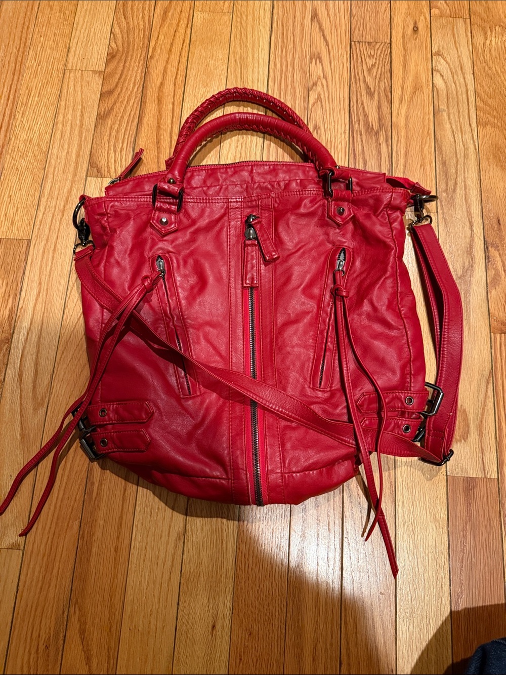 Deena & Ozzy Red Faux Leather Moto Style Satchel Bag Convertible Crossbody Y2K